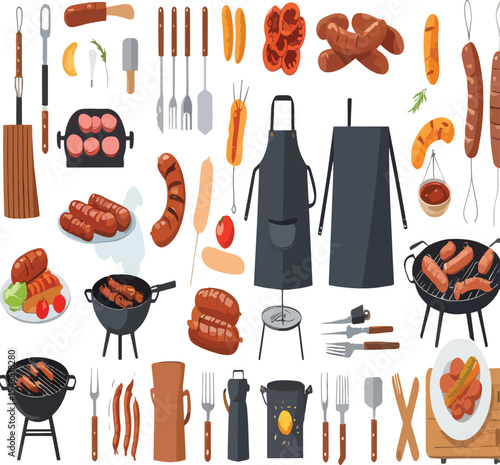 BBQ and Grilling Tools Vector Set – Sausages, Grills, Aprons, and Utensils
