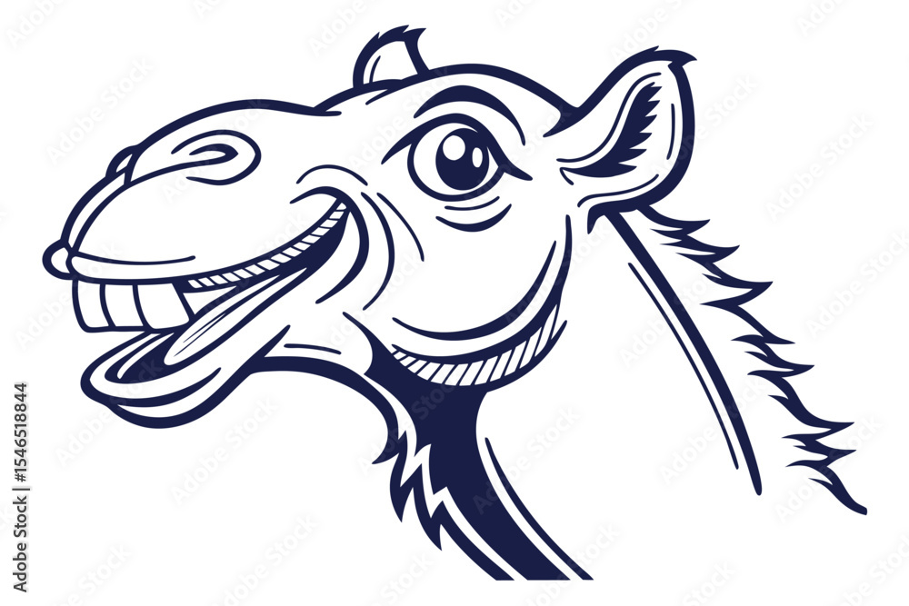 Navy blue line drawing illustrates a cartoon camel head with a toothy smile Navy blue line drawing illustrates a cartoon camel head with a toothy smile