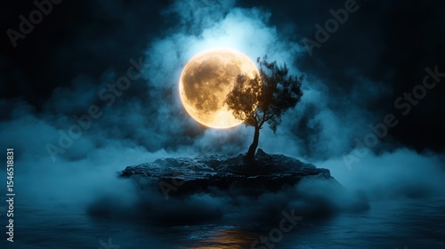 A mystical landscape featuring a glowing full moon over a solitary tree on an island, surrounded by ethereal fog, symbolizing tranquility and the allure of solitude in nature.
