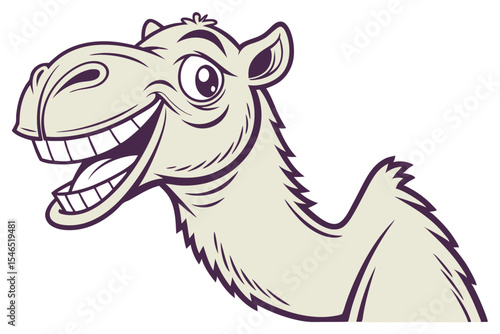 Cartoon camel head laughs cheerfully with large, bright eyes against a white backdrop