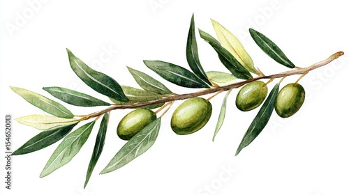 Watercolor artwork featuring an olive branch with green olives and leaves, set against a white background, ideal for use in Mediterranean cuisine and nature-inspired creative projects
