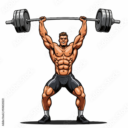  Muscular Caucasian man triumphantly lifting a heavy barbell on a white background.