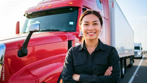 Confident truck driver standing beside a red semi-truck on a sunny highway with clear skies