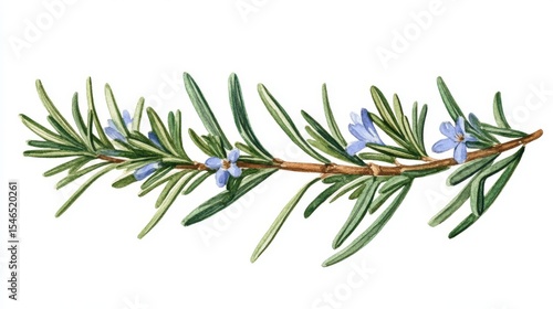 Botanical Art Illustration Featuring a Watercolor Rosemary Branch with Flowers, Ideal for Food Blogs, Aromatherapy, Recipe Design, and Culinary Herb Projects (Isolated