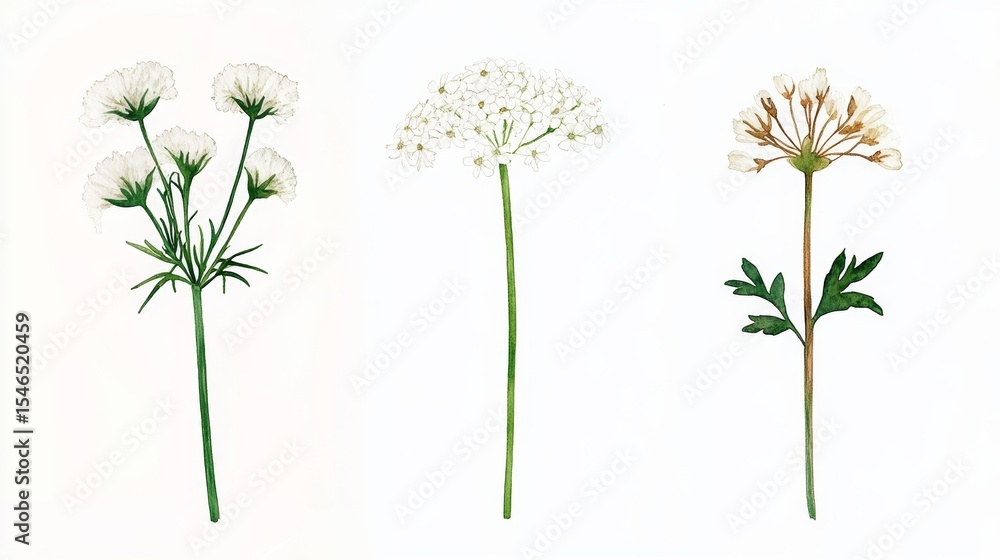 Naklejka premium A watercolor painting of Queen Anne's Lace serves as a botanical illustration of the wildflower, presented on a white background for use in art prints and nature-inspired designs