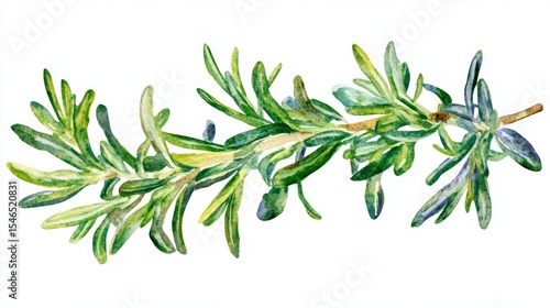 Watercolor rosemary sprig illustration highlighting its use as a culinary herb and aromatic ingredient, set against a clean white background and featuring fresh green leaves in a botanical art style