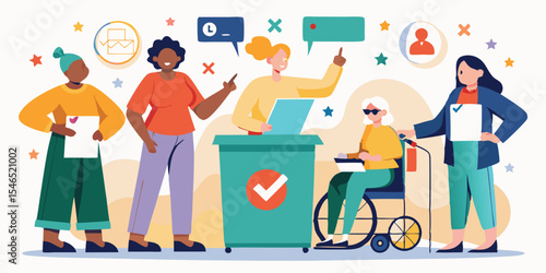 Diverse Voters Casting Ballots at Polling Station Flat Illustration