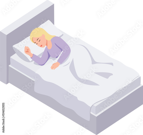 Woman sleeping peacefully on bed in cozy bedroom setting with white bedding and purple pajamas 