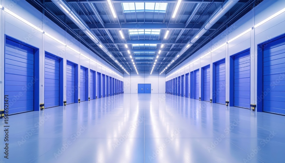 Fototapeta premium Vast Empty Warehouse with Blue Doors and Glass Ceiling Lighting