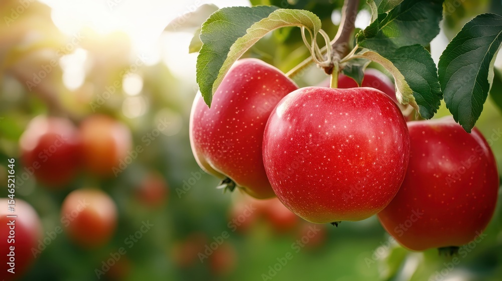 Obraz premium A close-up of vibrant red apples hanging on a tree branch in a lush orchard, showcasing the beauty of nature and the bounty of harvest in a serene outdoor setting.