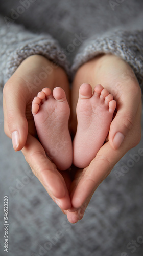 A pair of tiny baby feet cradled gently in the hands of someone wearing a gray sweater