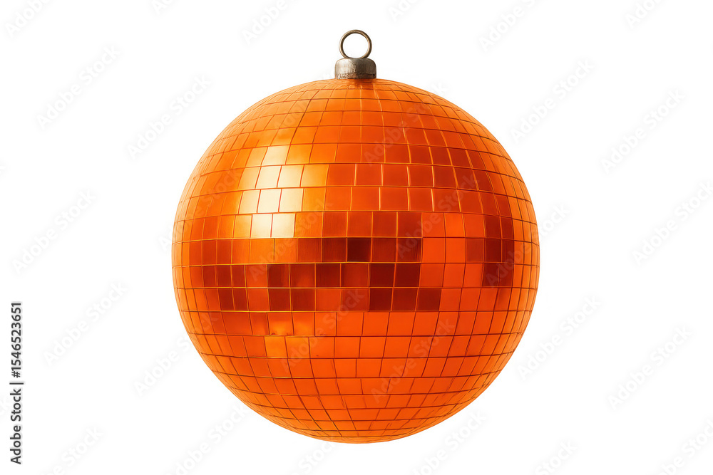 Fototapeta premium Glittering orange disco ball suspended, casting vibrant reflections against transparent surface, highlighting festive mood