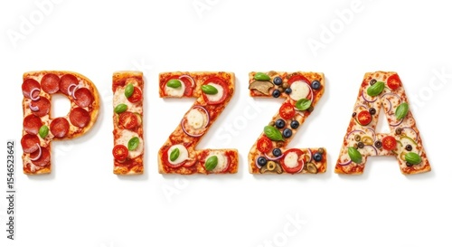 The word pizza spelled out with pizza ingredients isolated on white background