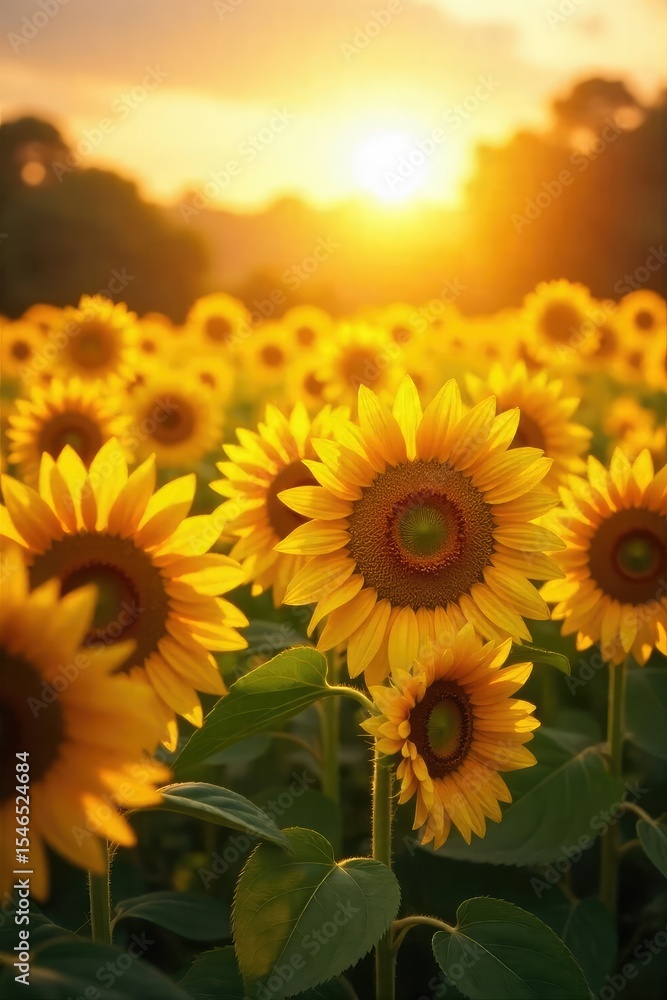 Fototapeta premium A field of sunflowers basking in the golden sunlight, their faces turned towards the radiant sun Vibrant yellow petals and dark centers create a stunning natural scene of summer joy , light, sky