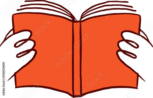 Cartoon hands holding open red book. Back to school doodles series.
