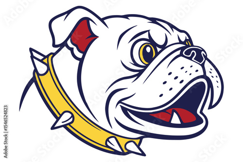 A bulldog head shows gold eyes and a spiked collar against a white background