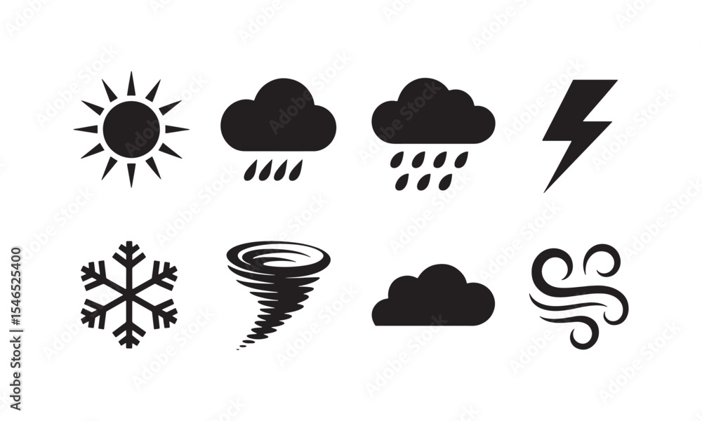 Black Weather Icons Set Sun Rain Cloud Lightning Snowflake Tornado Wind Symbols Graphic Design vector Black Weather Icons Set Sun Rain Cloud Lightning Snowflake Tornado Wind Symbols Graphic Design vector