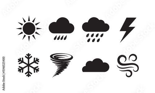 Black Weather Icons Set Sun Rain Cloud Lightning Snowflake Tornado Wind Symbols Graphic Design vector