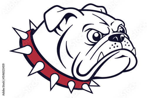 Stoic bulldog head sports a spiked red collar, rendered with clean lines and stark white fill