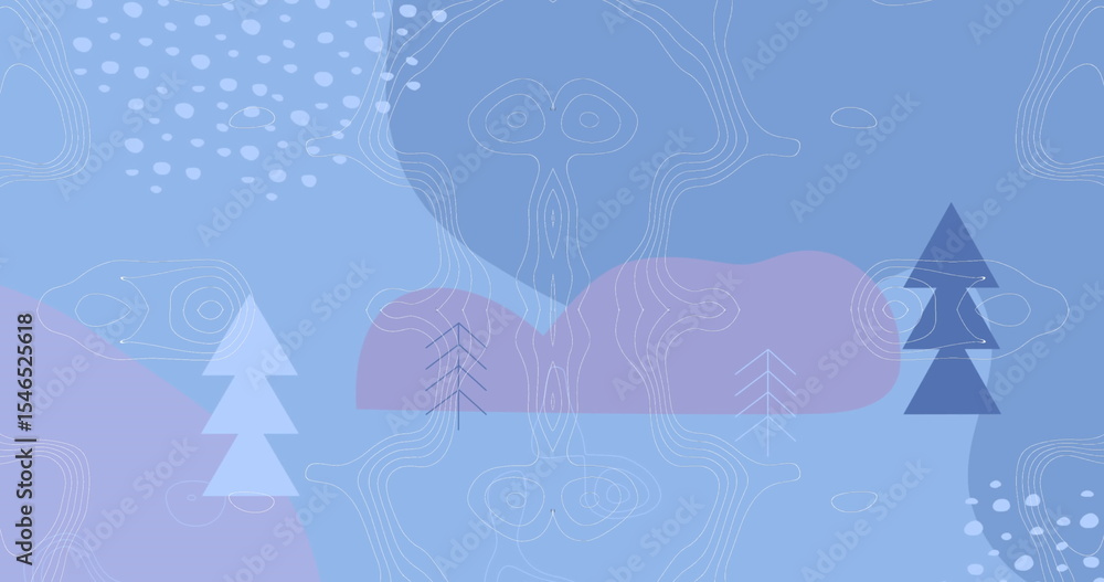 Obraz premium Featuring pale and dark pine trees over light blue field, with white contours and lavender shapes