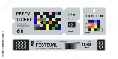 Control ticket bracelets for events, disco, festival, fan zone, party, staff. Vector mockup of a festival bracelet in a futuristic style.	
