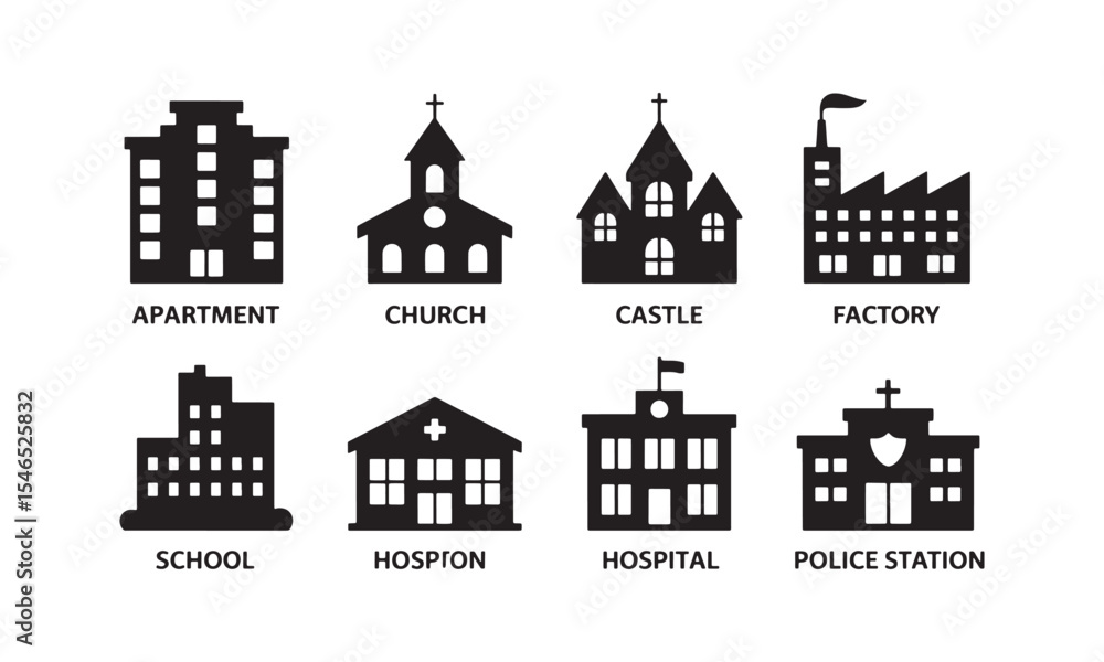 Obraz premium Eight Black Silhouettes of Buildings Apartment Church Castle Factory School Hospital Police Station vector