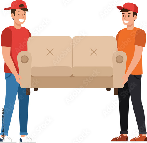 Two men carrying beige sofa during moving process with casual clothing and red caps 