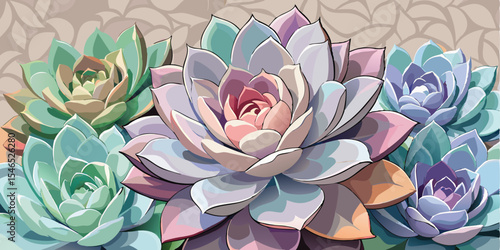 Soft Focus Pastel Succulents Close Up Botanical Illustration