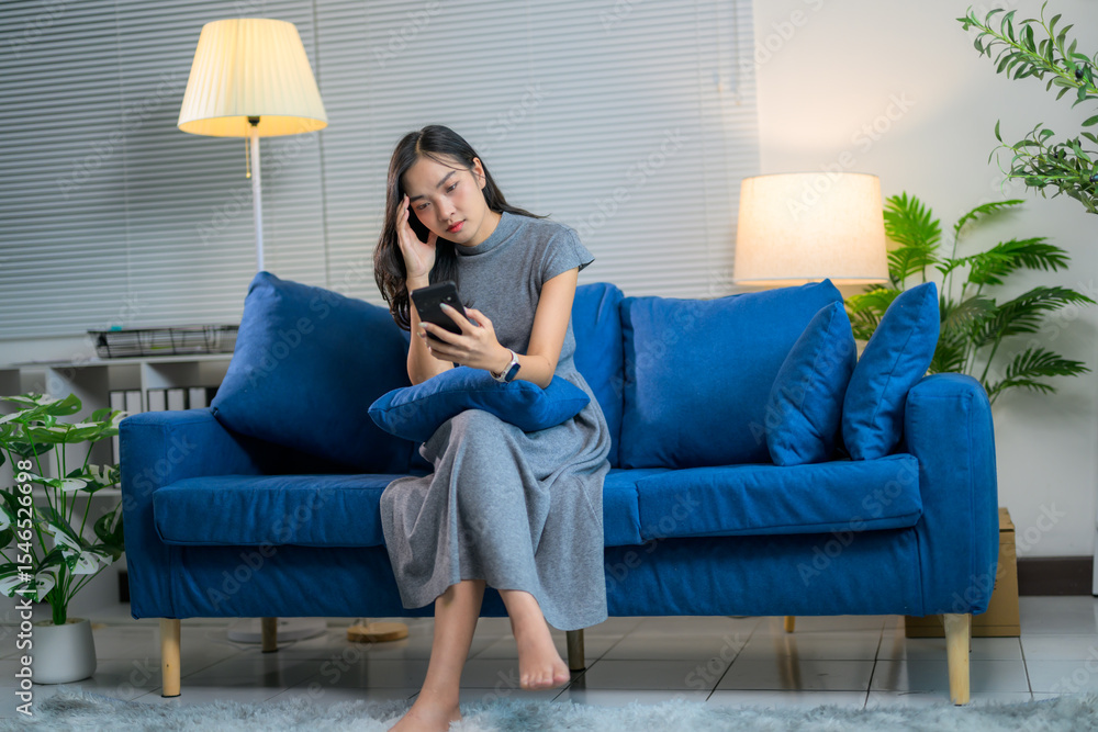 Young woman suffering from headache while using smartphone sitting on blue sofa in living room at her apartment Young woman suffering from headache while using smartphone sitting on blue sofa in living room at her apartment