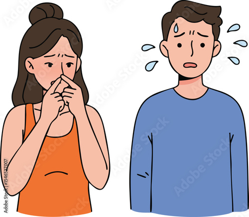 Stressed young man and worried woman showing emotional distress and anxiety in simple cartoon style 
