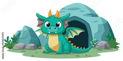 Teal Dragon Cartoon Sitting Near Cave Green Grass Rocks