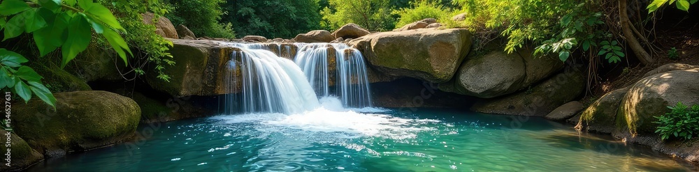 Fototapeta premium Refreshing cascade of water tumbles over mossy rocks into a sun-drenched pool, surrounded by lush green summer foliage Perfect for travel, nature, and serenity themes , waterfall, summer, nature