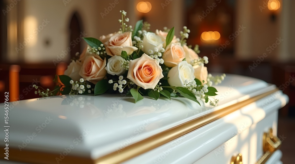 Obraz premium Funeral Casket with Floral Arrangement, Mourning, Respect, White Coffin, Church Interior, Remembrance, Condolences, Memorial Service