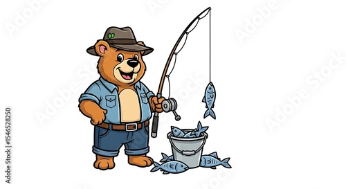 Cartoon bear fisherman with fishing rod, hat and bucket of fish, smiling and ready for adventure. On white background.