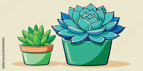 Two Succulents in Teal and Green Pots Hand Drawn Illustration