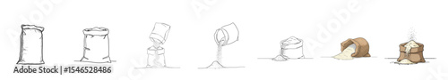 Set of bakery product illustrations including flour bag and flour spilling  