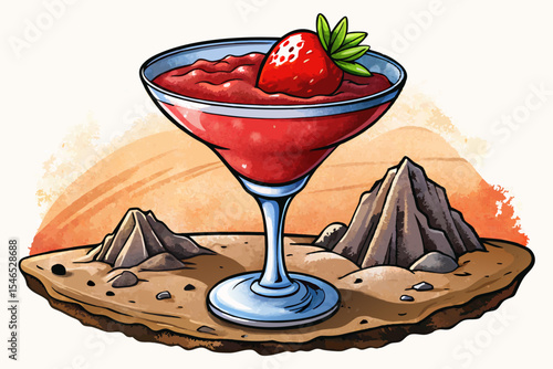 trawberry daiquiri cocktail with frozen red blend and fresh strawberry garnish in elegant coupe glass tropical summer drink vector perfect for menus, posters, or recipe guides