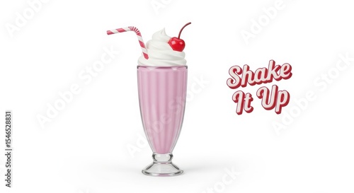 Pink milkshake with cherry and whipped cream isolated on white background