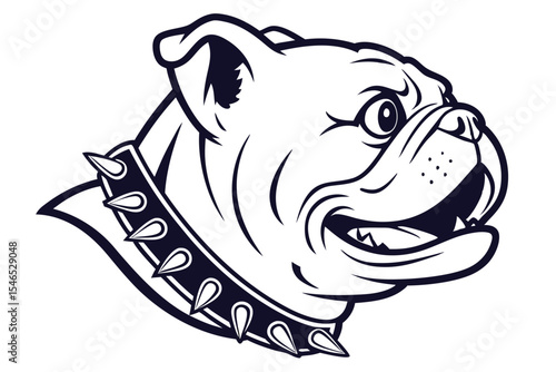 Fierce bulldog head showcases monochrome design with spiked collar, revealing teeth in a stern expression