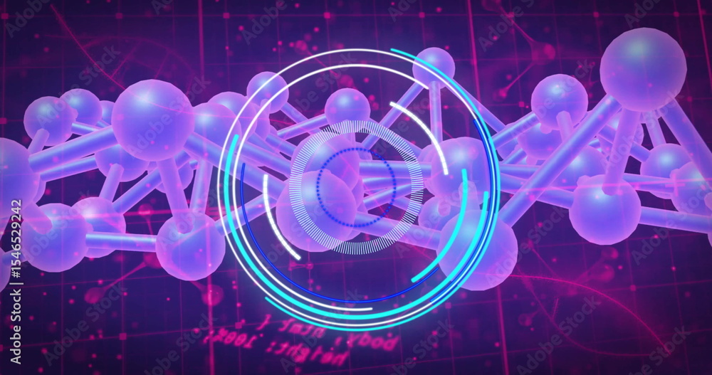 Fototapeta premium Displaying digital molecule chain with translucent spheres on dark grid, with floating code and HUD