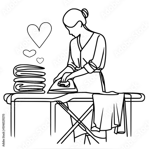Woman ironing clothes with love while standing at an ironing board - Concept of single line outline vector  