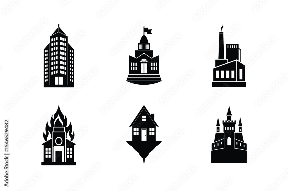 Naklejka premium Set of Black and White Building Icons Representing Different Structures