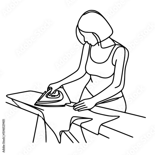 Woman ironing clothes at home in a simple line outline vector  