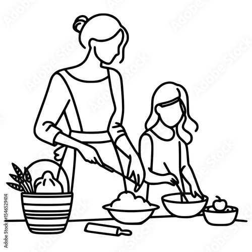 Woman and girl cooking together in kitchen, concept of single line outline vector  