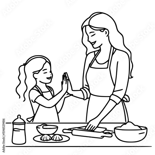 Mother and daughter cooking together with joy in the kitchen - Concept of single line outline vector  