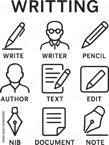 Writting line icon set. Write, writer, pen, pencil, autor, text, edit, nib, calligraphy, document, note, fountain pen and more. Outline icon in linear style. Vector collection