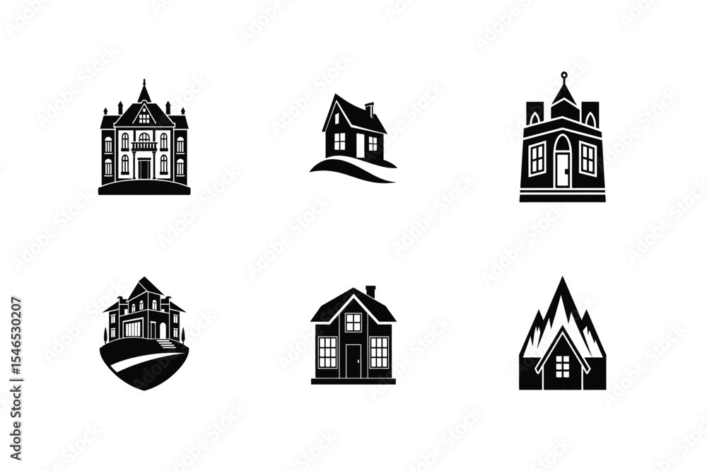 Naklejka premium Collection of six different house building vector icons in black and white