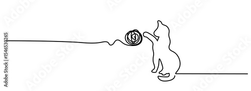 Cat with tuft of wool. Drawing happy cat line pattern. Kitty linear pictogram. Flat vector cartoon sign. Animals' day or Cat Day. Lovers, love heart kitten. Cats say meow.