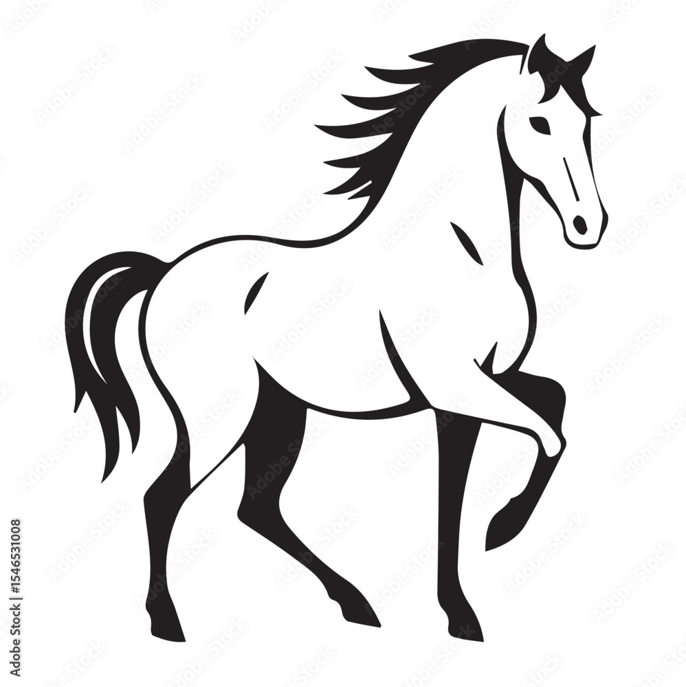 A white outline vector illustration of a horse in a dynamic pose, with its mane and tail flowing. A white outline vector illustration of a horse in a dynamic pose, with its mane and tail flowing.
