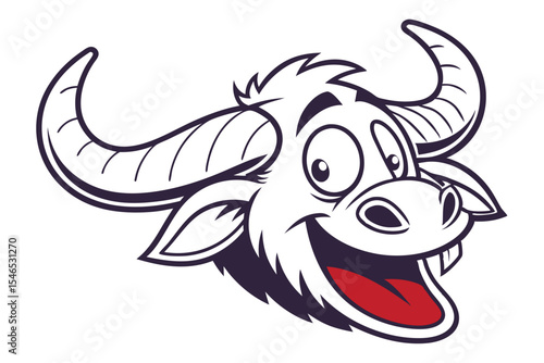 Cartoon buffalo smiles widely with tongue out, sporting large horns and playful eyes